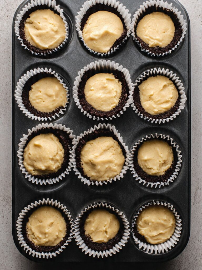 Cookie dough filling portioned and pressed into paper liners over Oreo crust in muffin tin before mini chips are added on top