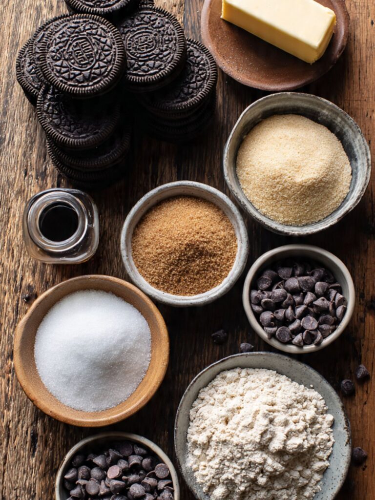 Ingredients for chocolate chip cookie dough cups including Oreos, butter, sugars, flour, and chocolate chips on wood surface