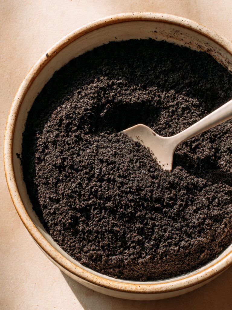 Fine Oreo cookie crumbs in a cream ceramic bowl on marble surface ready to mix with melted butter for cookie dough cup crust