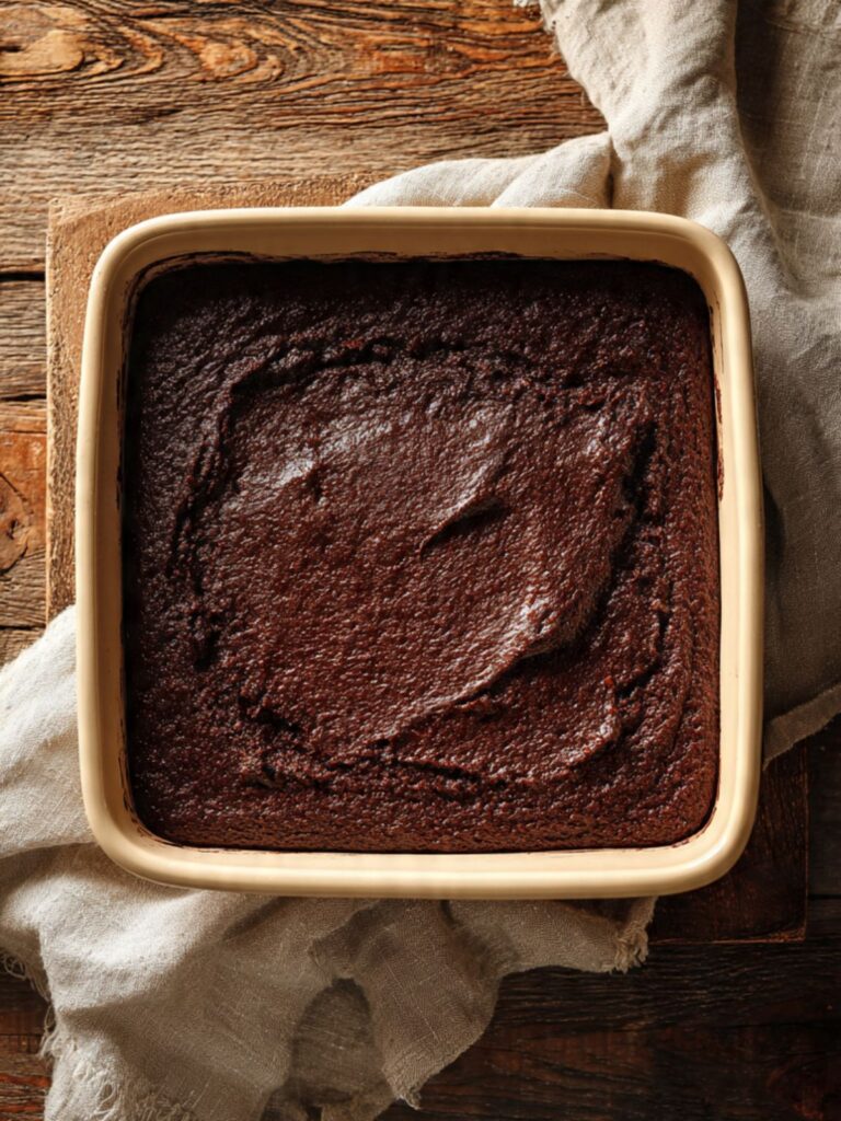 Dark chocolate dump cake batter spread edge to edge in an 8x8 ceramic baking dish before chocolate chips are added on top