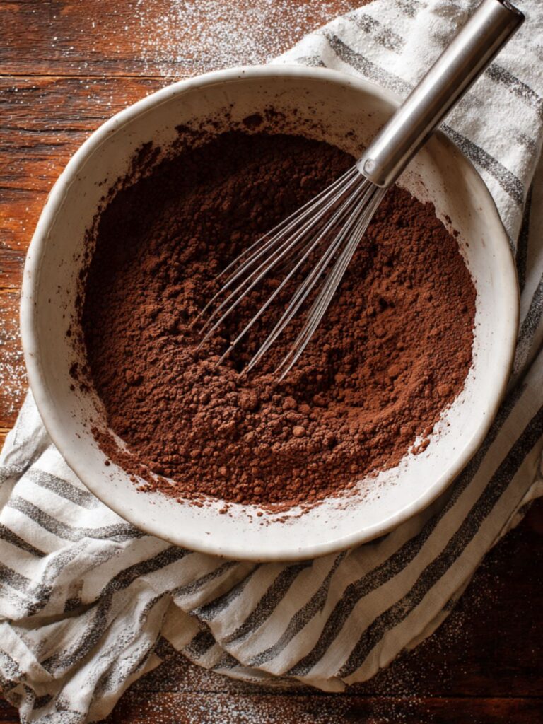 Dry ingredients for chocolate dump cake — flour cocoa powder sugar and baking powder whisked together in a large mixing bowl