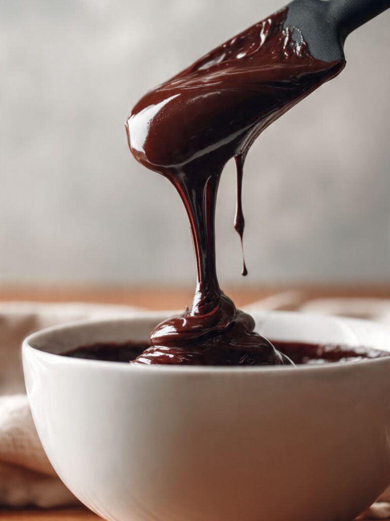 Thick dark chocolate dump cake batter dropping heavily from a silicone spatula showing correct paste-like consistency before baking