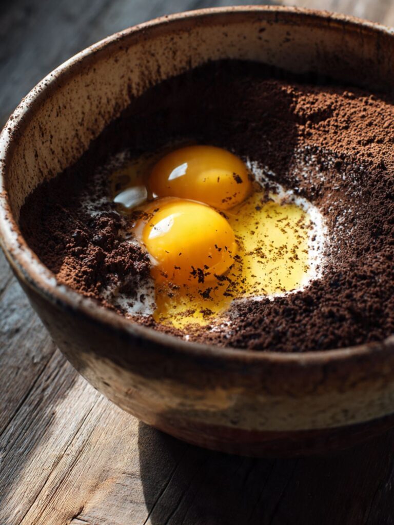 Eggs butter and milk added to a well in the center of dry chocolate cake ingredients in a mixing bowl ready to fold