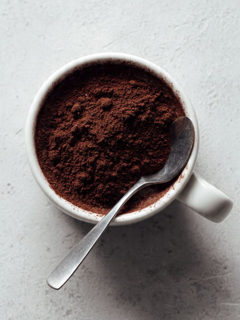 Dry cocoa powder, flour, and sugar stirred to an even dark brown mixture in a white ceramic mug with a silver spoon resting on the rim