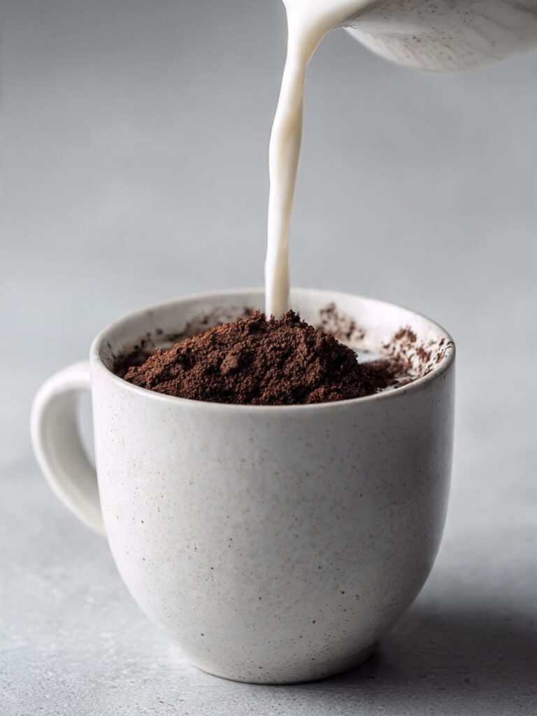 Whole milk being poured from a small white ceramic pitcher into dark cocoa dry mixture inside a white ceramic mug on a grey surface