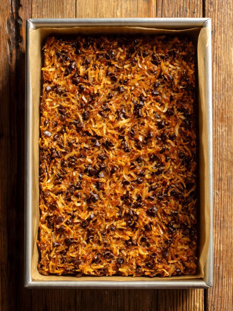 Freshly baked coconut toffee chocolate chip cookie bars in pan with golden toasted coconut top and amber edges