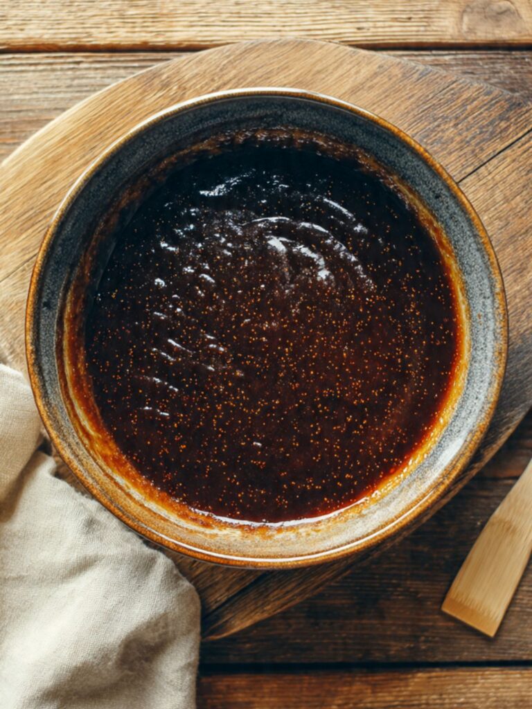 Thick glossy melted butter and dark brown sugar mixture in large mixing bowl — coconut toffee bar batter