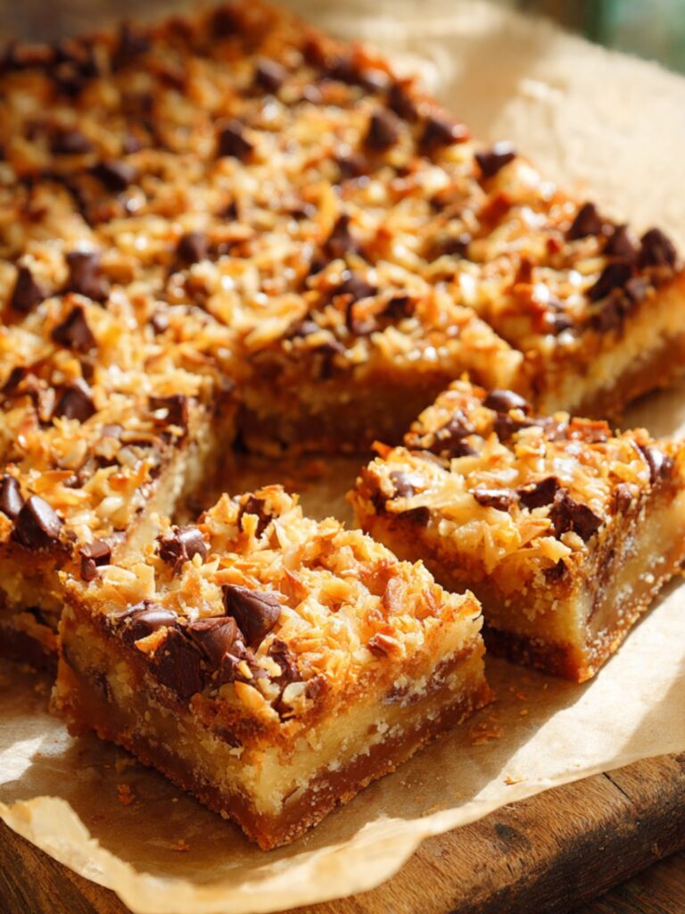 Coconut toffee chocolate chip cookie bar slab lifted from pan on parchment being cut into bars on cutting board