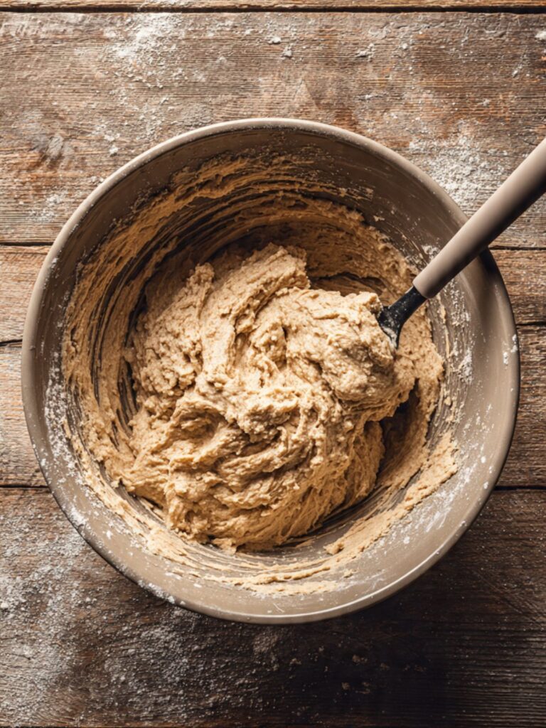 Folding flour into dark brown sugar batter with silicone spatula in ceramic mixing bowl — cookie bar batter
