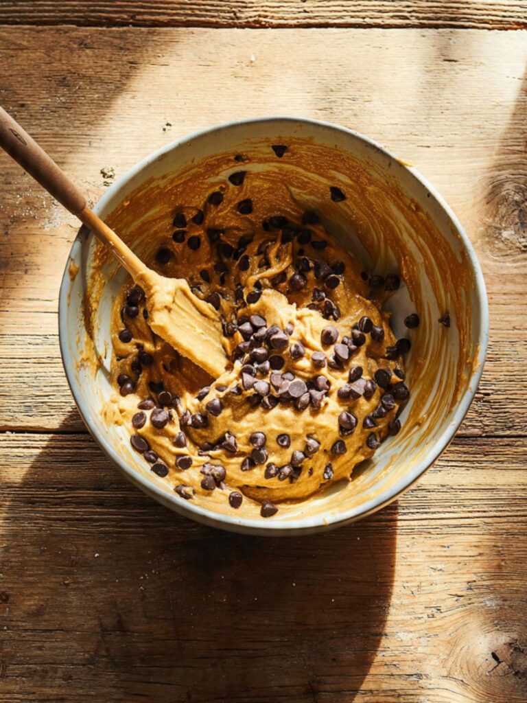 Toffee bits chocolate chips and shredded coconut folded into dark cookie bar batter in mixing bowl