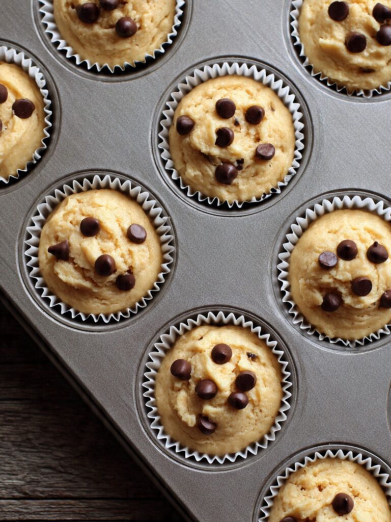 cookie dough cupcake batter divided into white paper liners in light aluminum muffin tin ready to bake