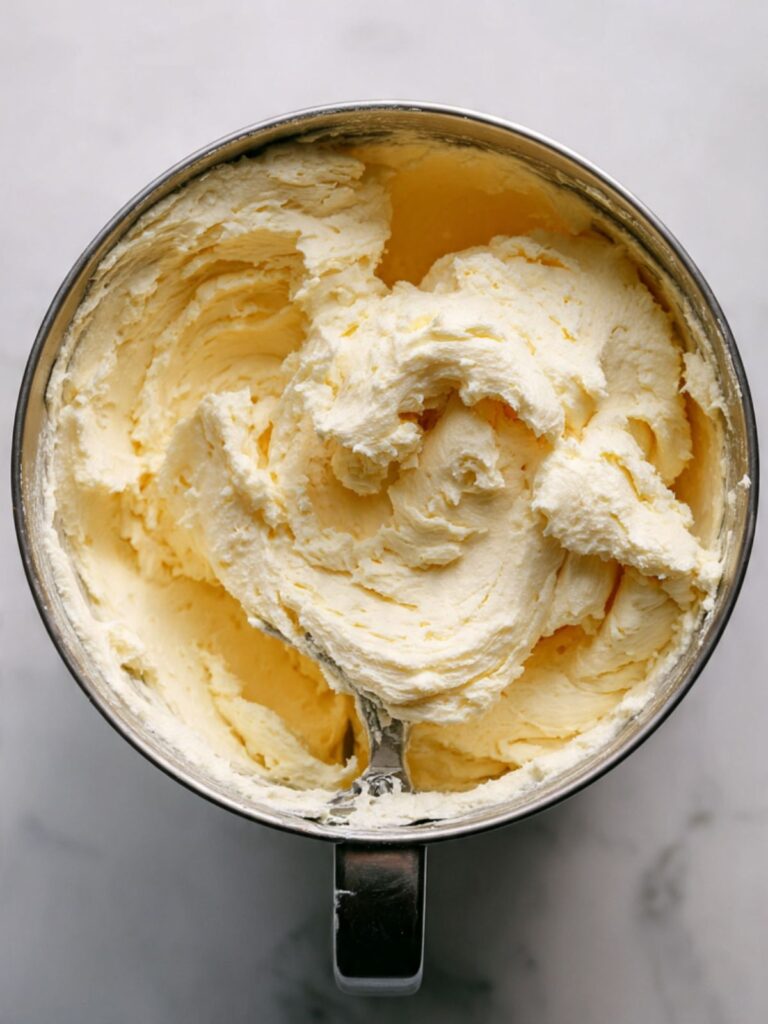 pale fluffy creamed butter and sugar in stand mixer bowl for cookie dough cupcakes