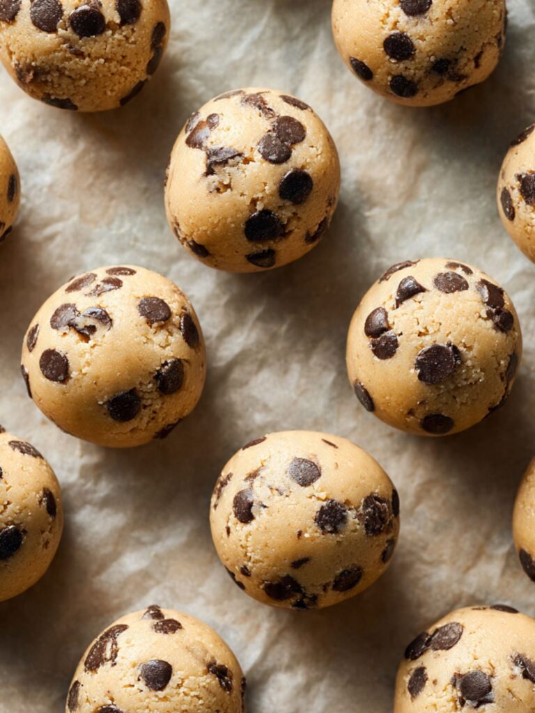 twelve rolled edible cookie dough truffle balls with mini chocolate chips on parchment lined plate