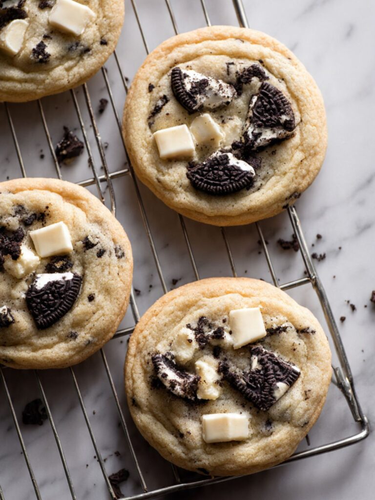 cookies and cream cookies cooling on wire rack showing set edges Oreo halves on top and pale cream dough with dark crumbs
