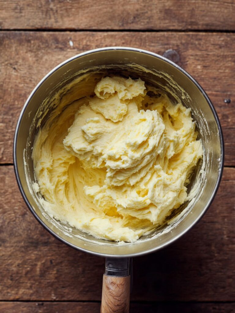 creamed butter and sugars in stand mixer bowl pale yellow and fluffy at correct creaming stage for cookies and cream cookies