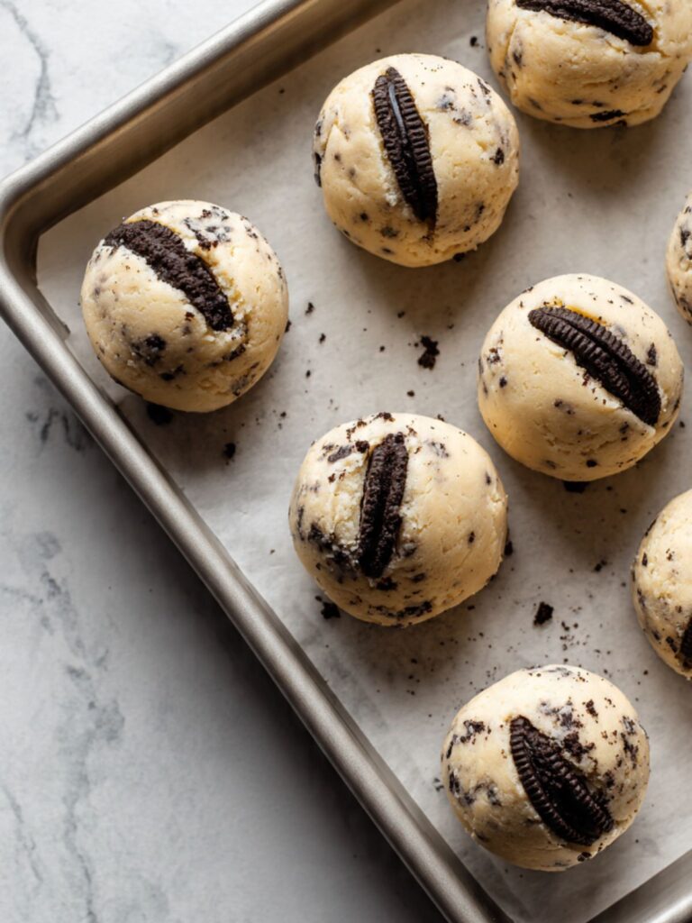 cookies and cream cookie dough balls on parchment lined tray with Oreo halves pressed into tops ready to chill before baking
