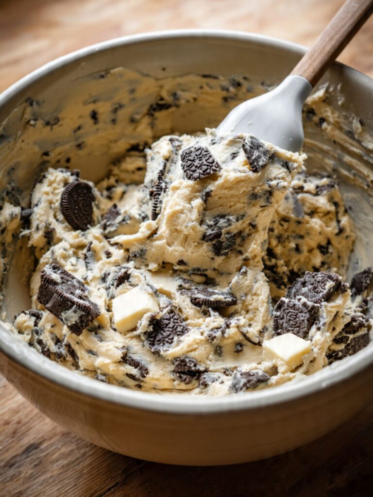 cookies and cream cookie dough in mixing bowl showing crushed Oreo pieces and white chocolate chunks folded throughout