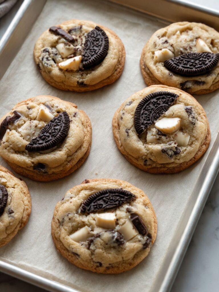 cookies and cream cookies fresh from oven on parchment lined pan with set edges and slightly glossy centers before resting