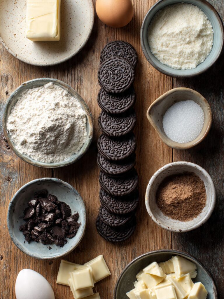 ingredients for cookies and cream cookies including Oreos white chocolate bar butter eggs and flour arranged on wood surface