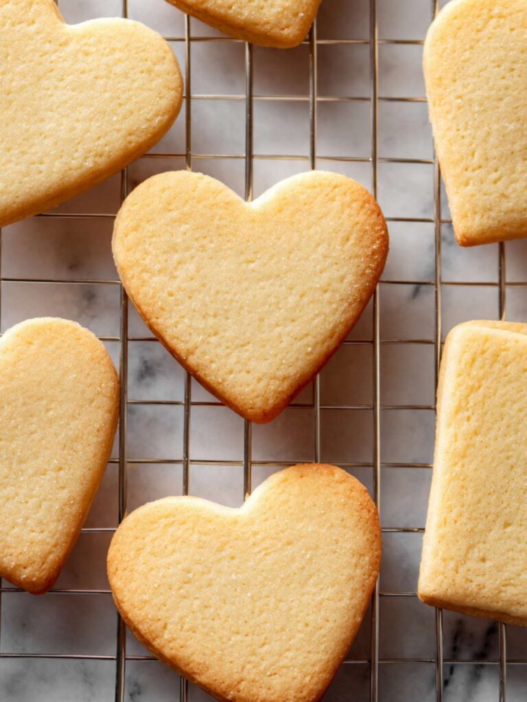 Pale baked cut out sugar cookies cooling on a wire rack with no icing, showing soft matte tops and barely golden edges before decorating