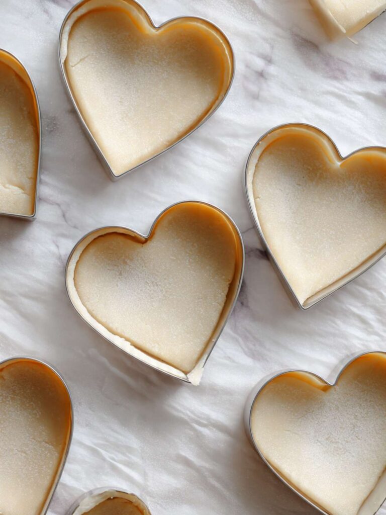 Heart-shaped metal cookie cutter pressed into rolled sugar cookie dough on parchment paper with clean cut shapes lifted away showing smooth edges