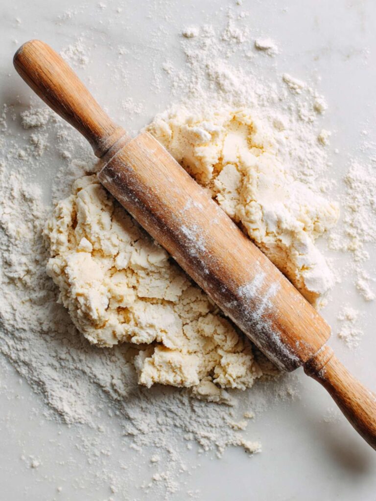 Sugar cookie dough rolled to quarter inch thickness on a white marble surface with a wooden rolling pin, light flour dusting visible on the edges