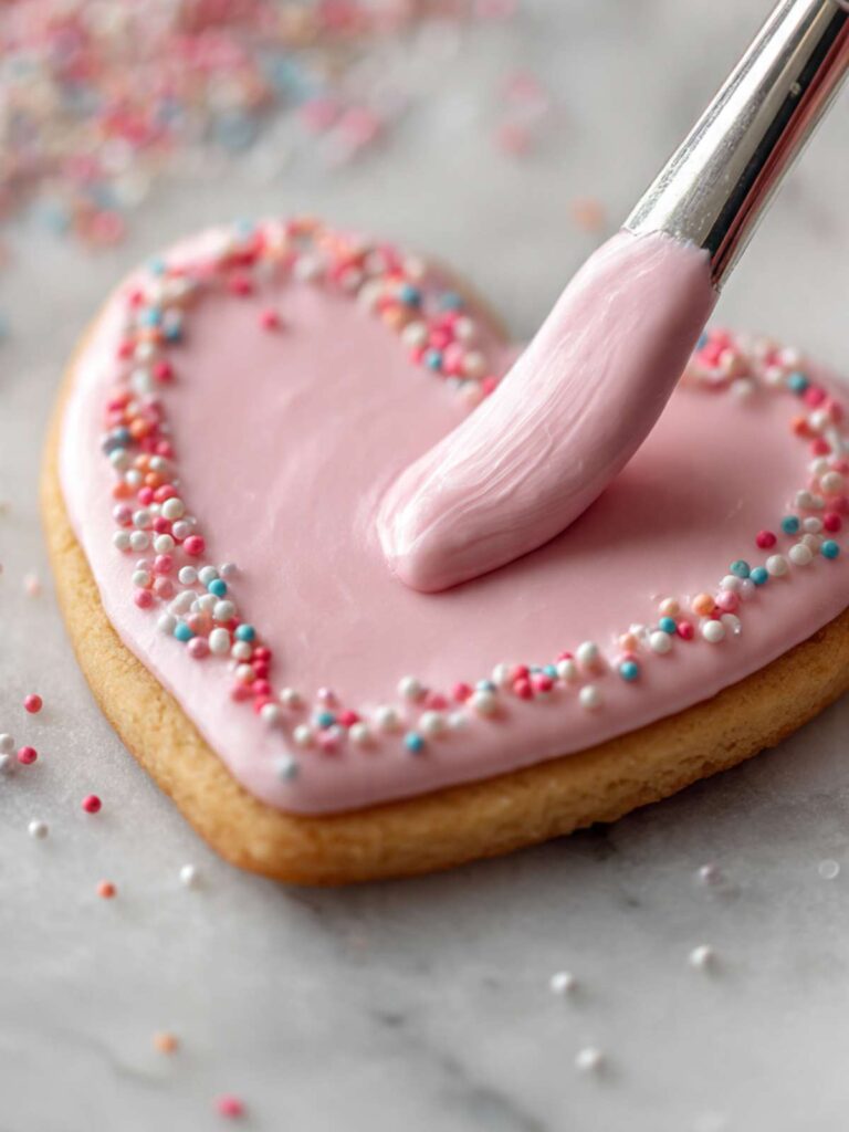 Small offset spatula spreading smooth pastel pink glaze icing across a heart-shaped sugar cookie on a white marble surface with sprinkles in the background