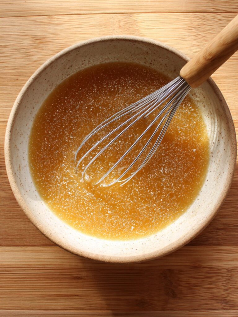 Melted butter and brown sugar whisked together in a large mixing bowl for easy chocolate chip cookies