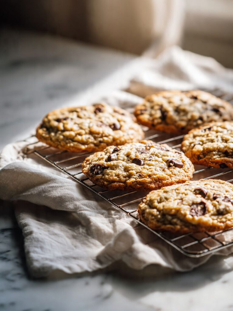 Easy chocolate chip cookies cooling on a wire rack after baking, golden edges and soft chewy centers visible