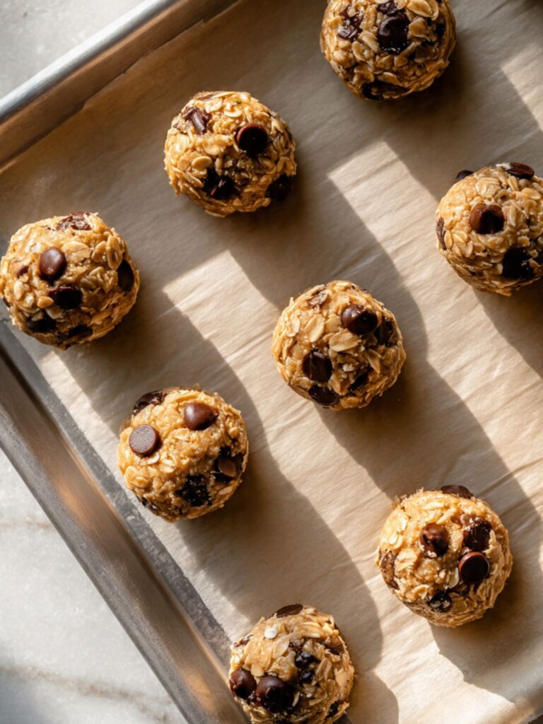 Easy chocolate chip cookie dough balls portioned on a parchment-lined baking sheet ready to bake