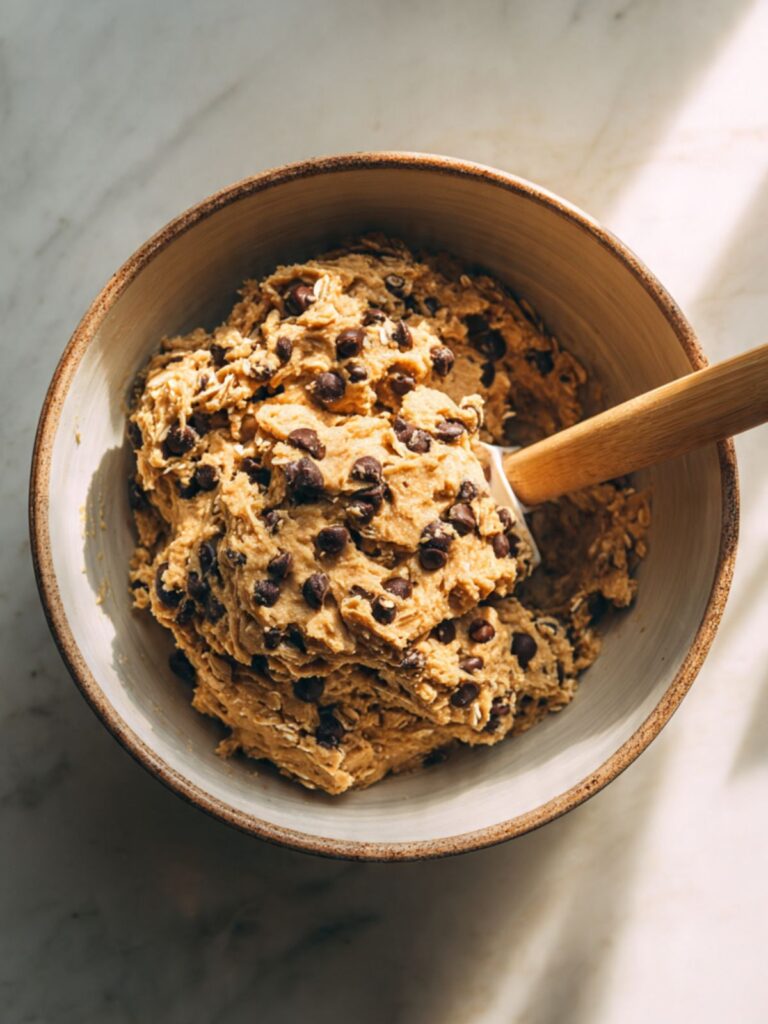 Old-fashioned rolled oats and flour being folded into cookie dough in a large mixing bowl