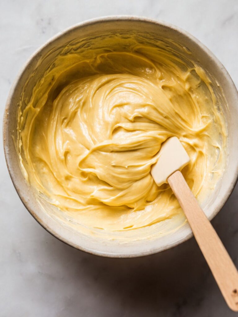 Two eggs added to butter and sugar mixture in a mixing bowl showing smooth emulsified batter for chocolate chip cookies
