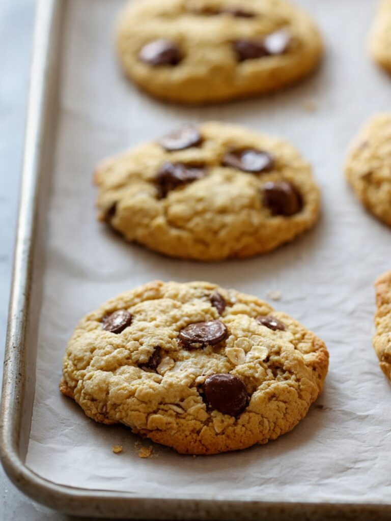 Easy chocolate chip cookies fresh from the oven on a parchment-lined pan with golden edges and puffy centers