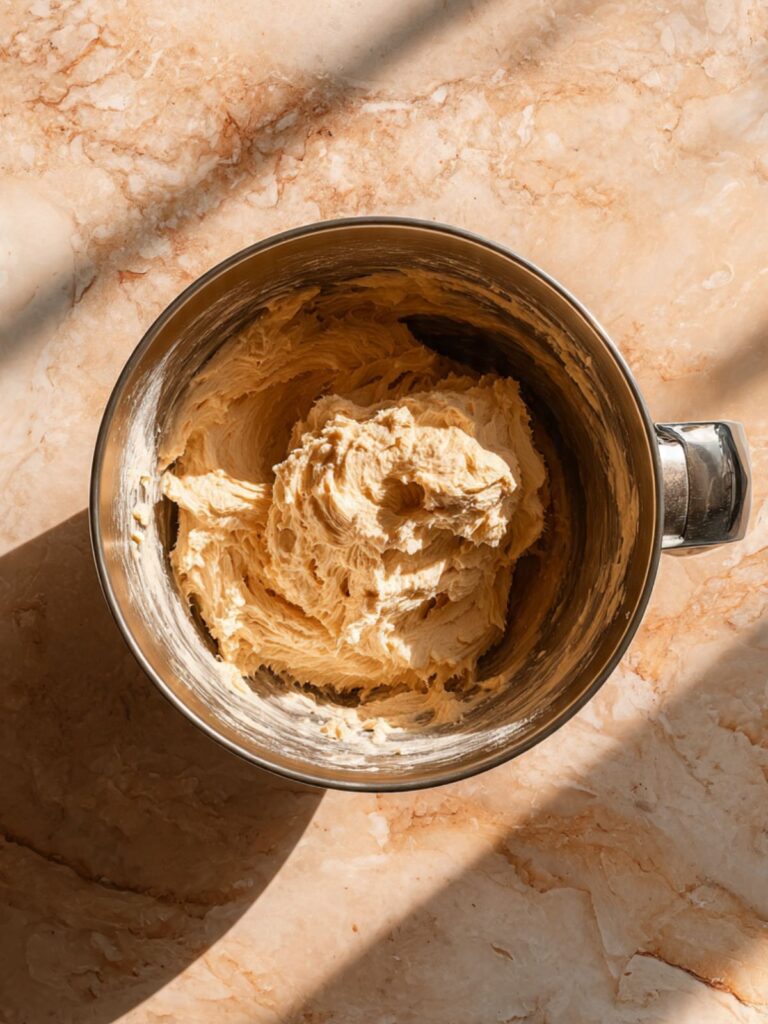 Creamed butter and dark brown sugar in a stand mixer bowl showing pale fluffy texture