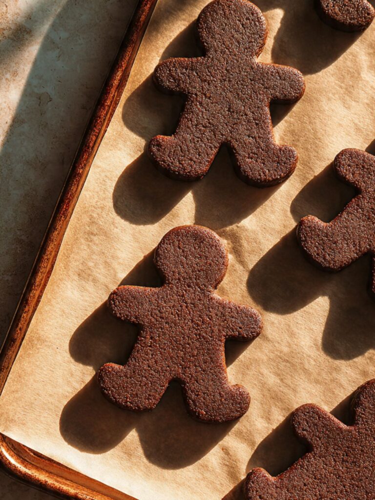Gingerbread man cookie shapes cut and arranged on parchment lined baking pan before second chill