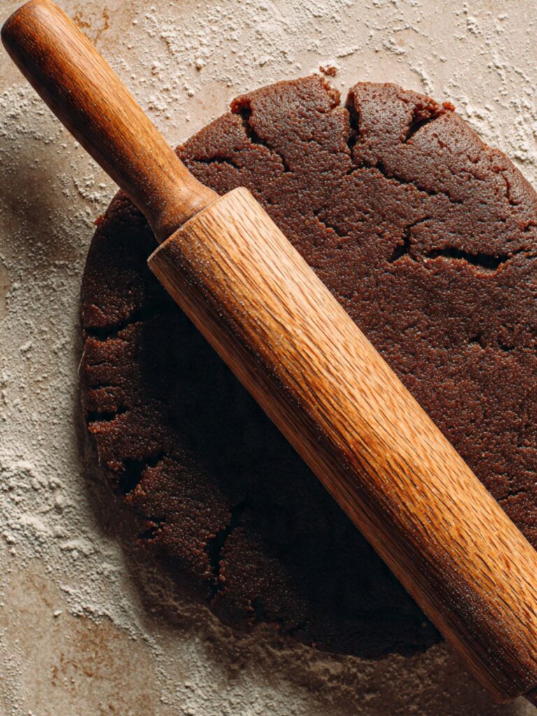 Gingerbread cookie dough being rolled to quarter inch thickness on a floured surface with rolling pin