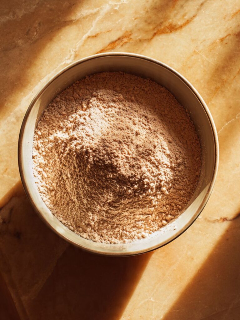 Dry ingredients for gingerbread men cookies whisked together in a bowl showing spiced brown mixture