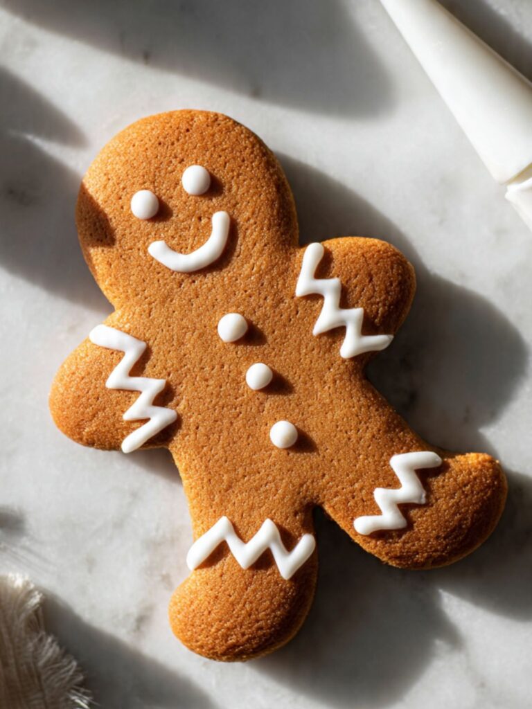 White royal icing being piped in zigzag lines onto a gingerbread man cookie on a marble surface