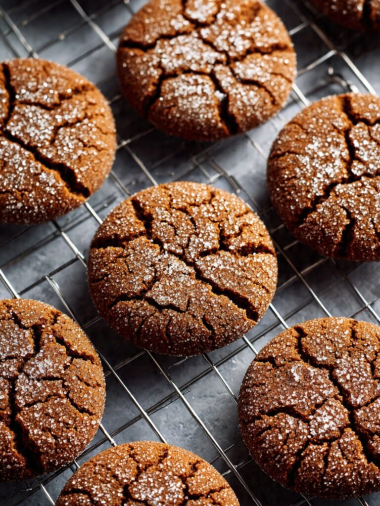 gingersnap cookies cooling on wire rack showing crackle tops sugar crust and deep mahogany color after baking