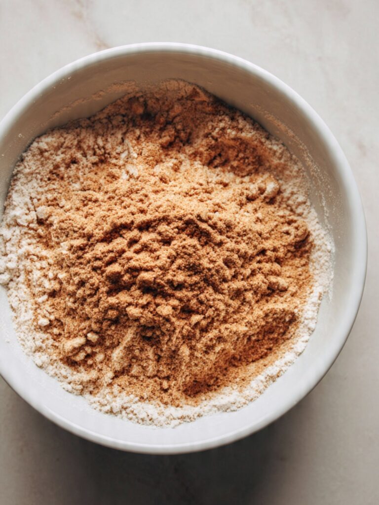 dry ingredients for gingersnap cookies whisked together in white ceramic mixing bowl showing even spice distribution