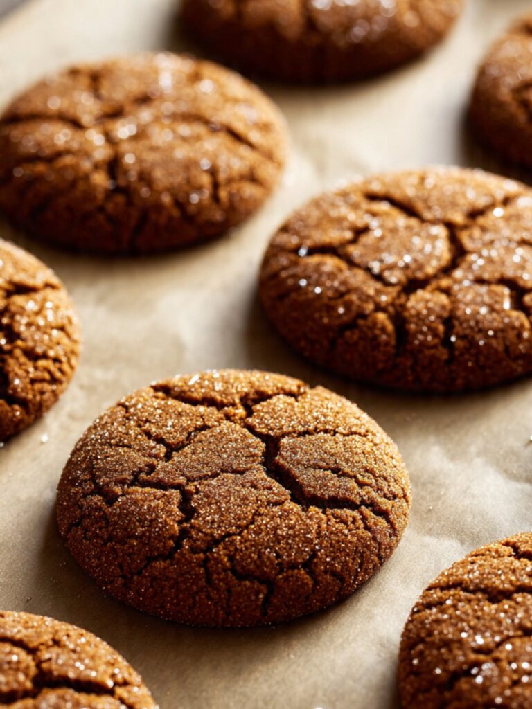 freshly baked gingersnap cookies on parchment lined pan showing crackle tops formed and edges set straight from oven