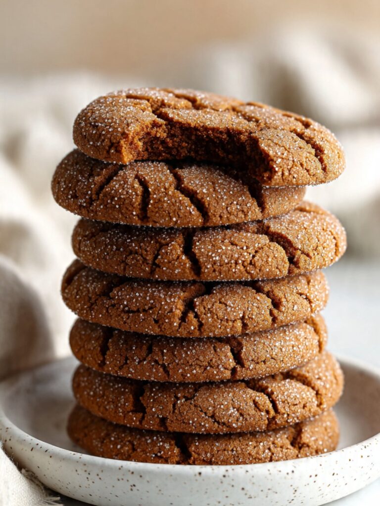 gingersnap cookies stacked on white plate on marble surface with cream linen napkin showing crackle top and chewy center