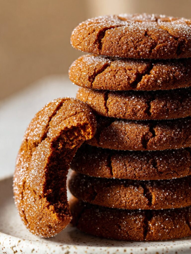 gingersnap cookies stacked on plate side angle showing thick domed profile crackle top and bite taken