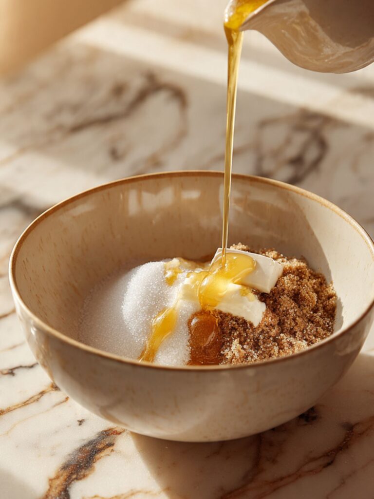 melted butter poured over brown sugar in mixing bowl for gluten free chocolate chip cookie dough
