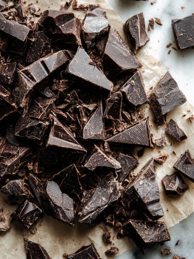 chopped dark chocolate bar pieces in varied sizes on parchment paper for gluten free chocolate chip cookies