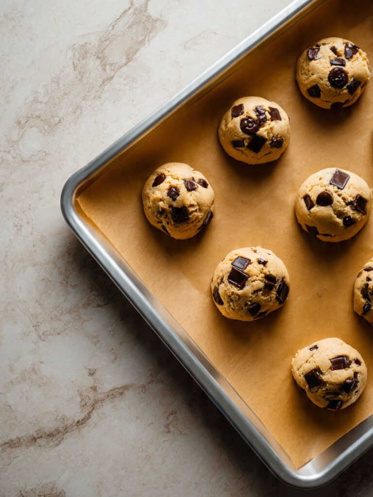 gluten free chocolate chip cookie dough balls portioned on parchment lined baking sheet with chocolate chunks pressed on top