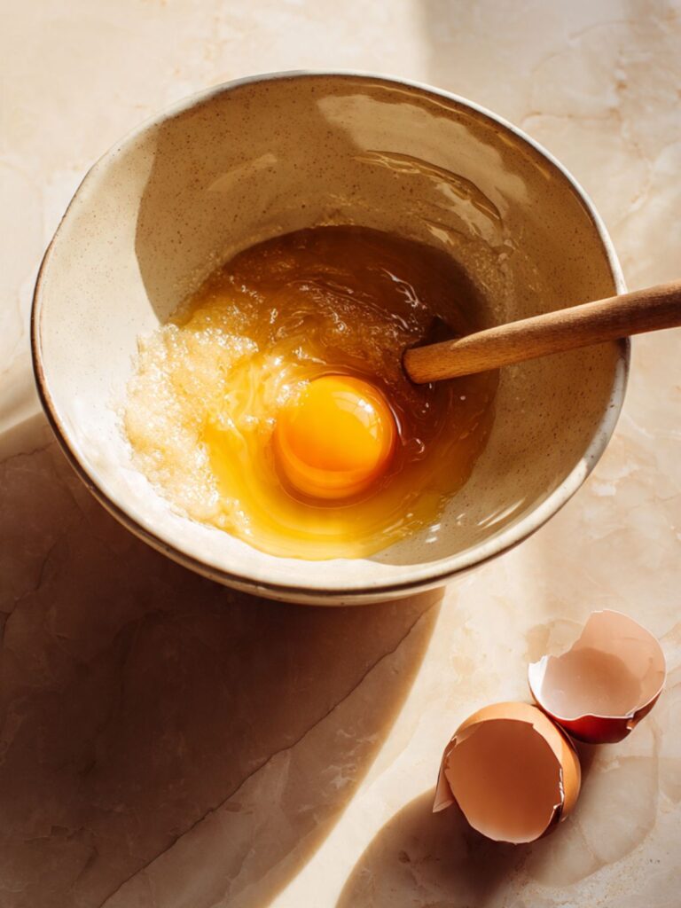 egg yolk being added to butter sugar mixture in ceramic bowl for gluten free chocolate chip cookie dough