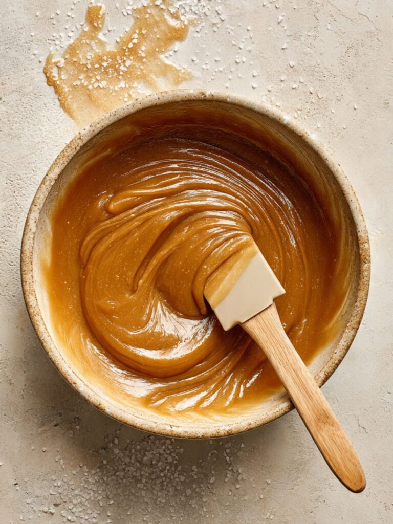 glossy melted butter and brown sugar mixture in a large mixing bowl for homemade chocolate chip cookies