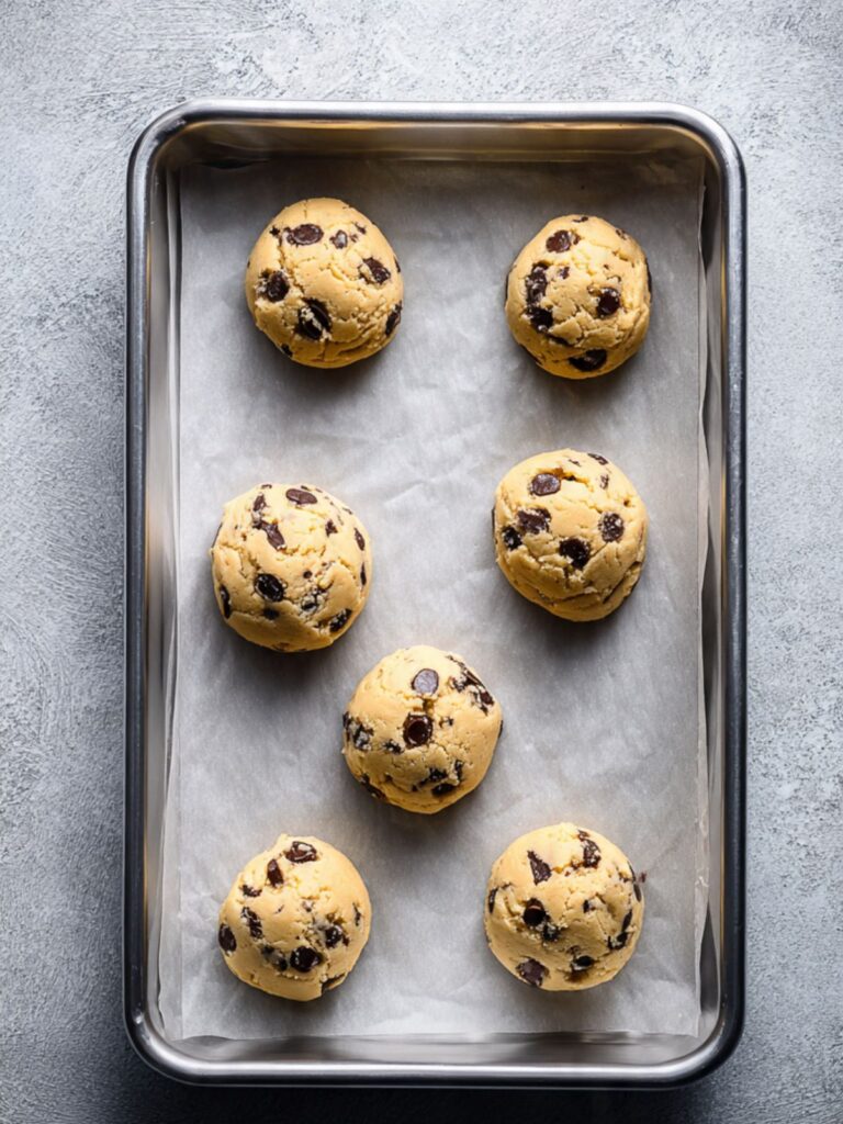 portioned chocolate chip cookie dough balls with chocolate chunks pressed on top spaced on parchment-lined baking pan