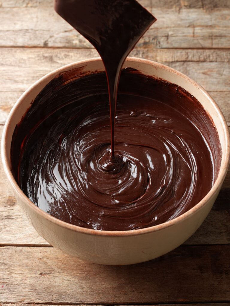 finished hot chocolate cupcake batter in mixing bowl, near-black color, smooth ribbon consistency, silicone spatula